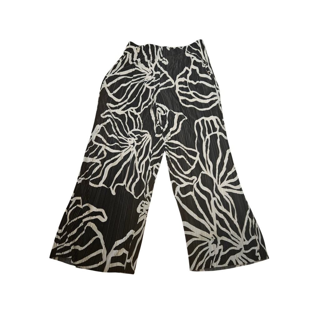 Nine West Womens Wide Leg Crop Pants Black White Floral Abstract Pleated M